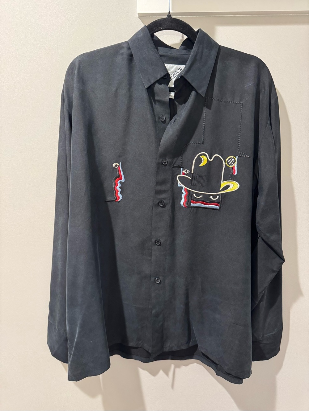 Vintage 90s Goouch Silk Abstract Face Art Embroidered Button Up Shirt S